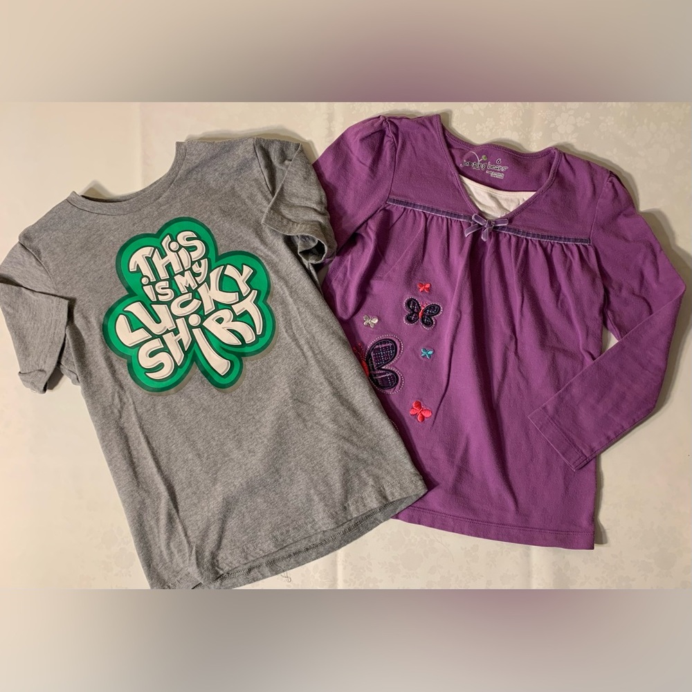 EUC Bundle of 2 Tops: St. Patrick's/Shamrock Tee; Purple Butterfly Layered-Look